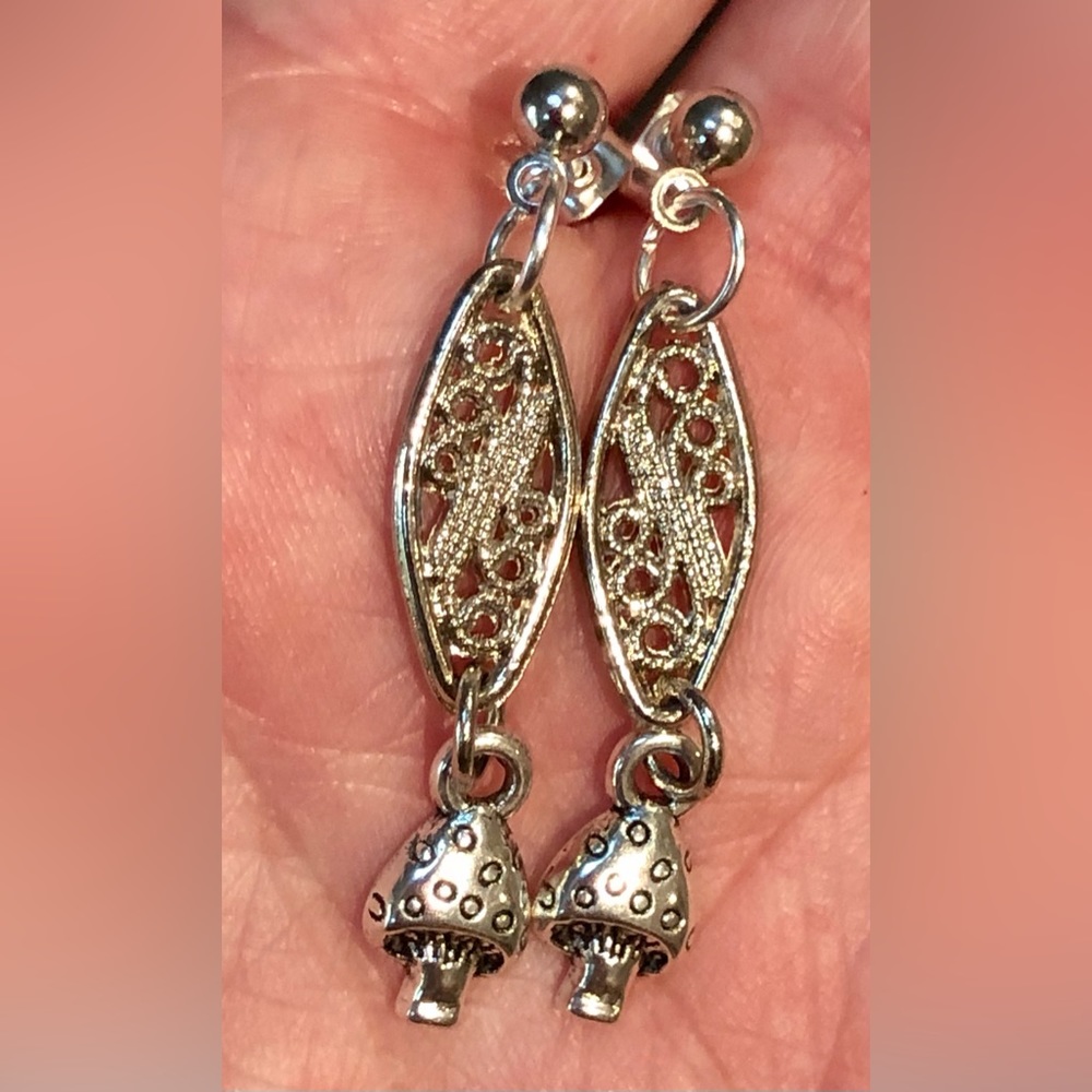 HAND CRAFTED Mushroom charms silver filigree earrings Pierced Upcycled Dainty